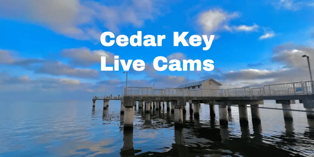Cedar Key live cam featured image of pier on a partly cloudy day.